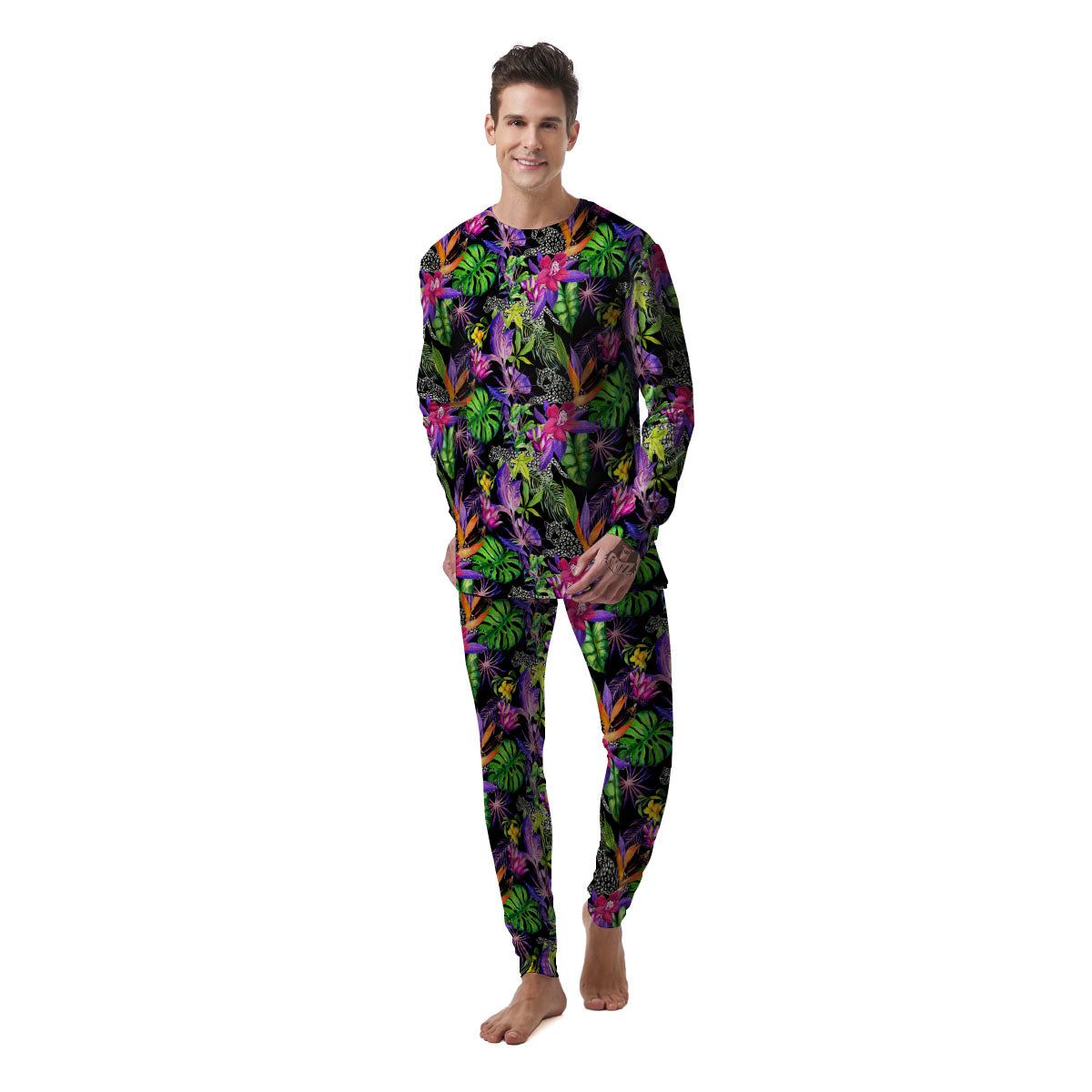 Tropical Flower Leaf Light Print Pattern Men's Pajamas-grizzshop