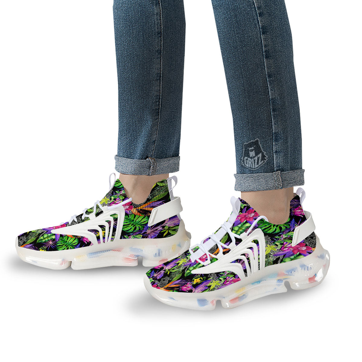 Tropical Flower Leaf Light Print Pattern White Gym Shoes-grizzshop