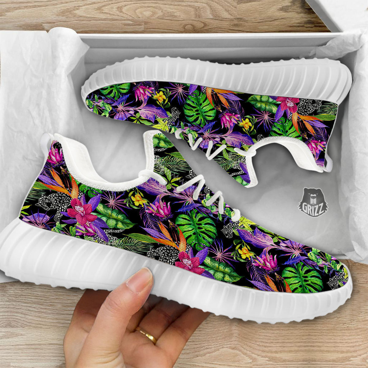 Tropical Flower Leaf Light Print Pattern White Walking Shoes-grizzshop