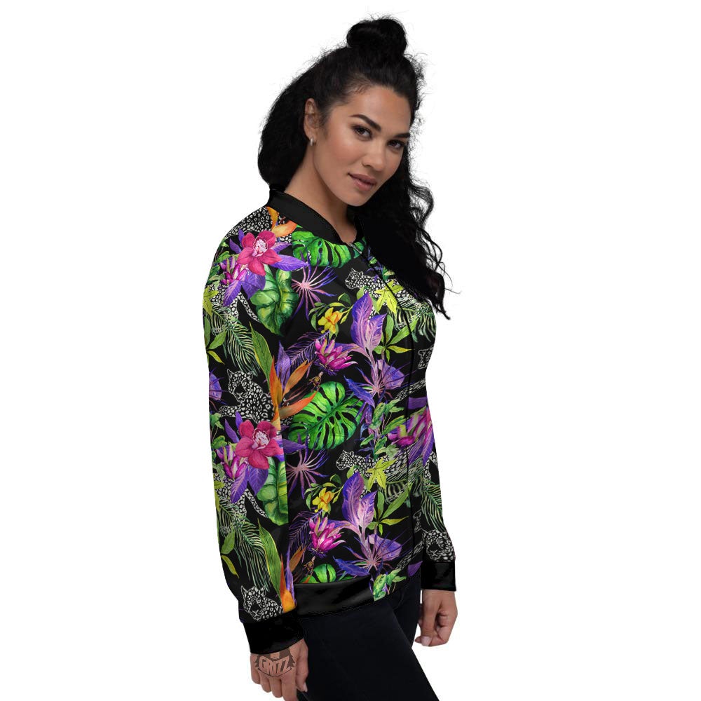 Tropical Flower Leaf Light Print Pattern Women's Bomber Jacket-grizzshop