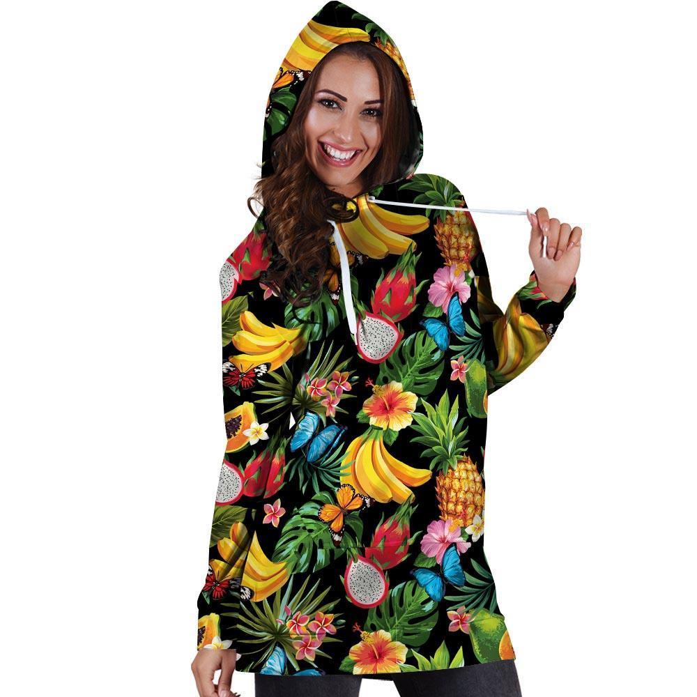 Tropical Fruit Hawaiian Print Hoodie Dress-grizzshop