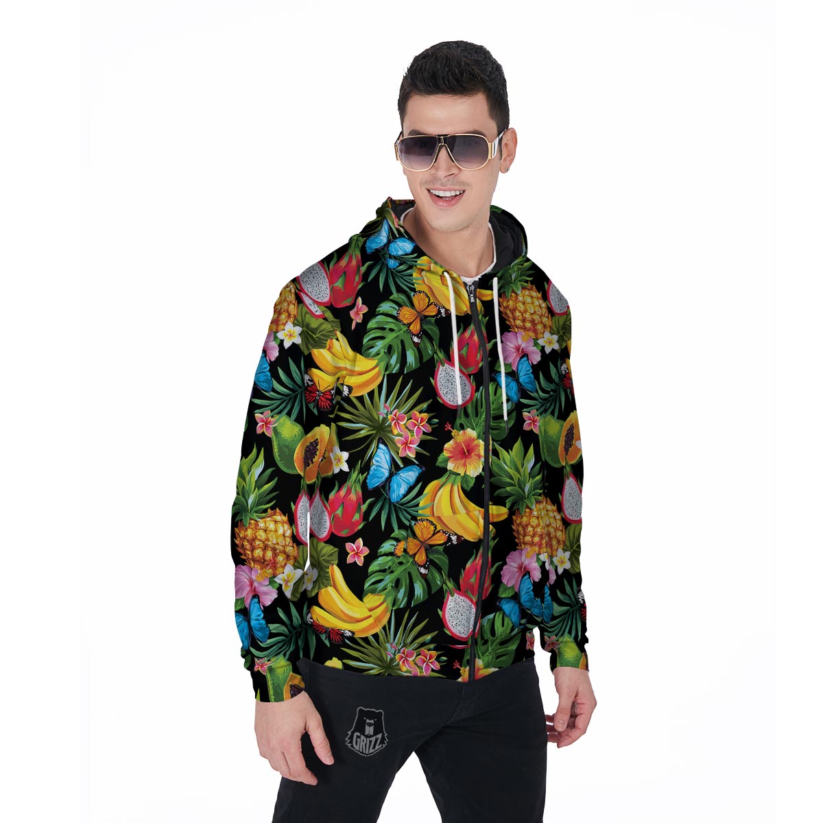 Tropical Fruit Hawaiian Print Men's Zip Up Hoodie-grizzshop
