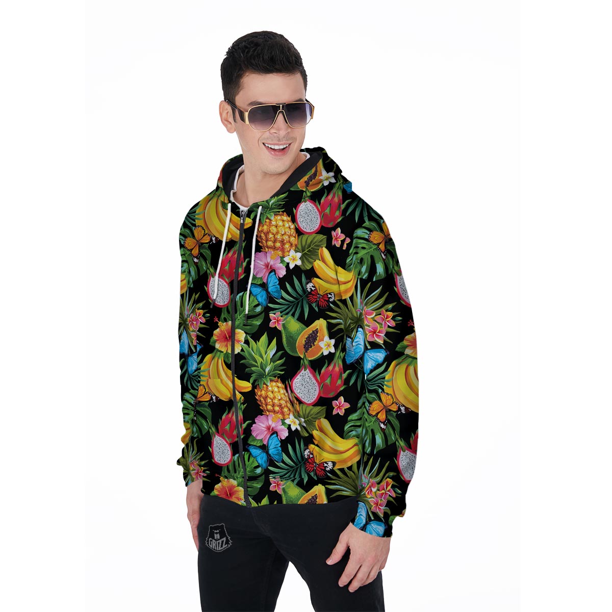 Tropical Fruit Hawaiian Print Men's Zip Up Hoodie-grizzshop