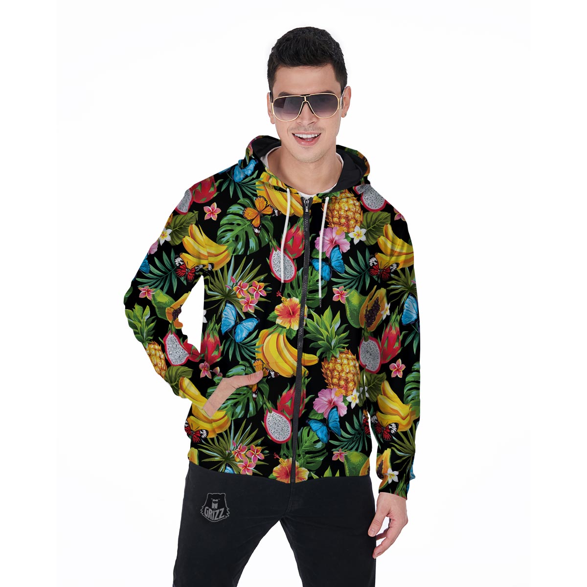 Tropical Fruit Hawaiian Print Men's Zip Up Hoodie-grizzshop