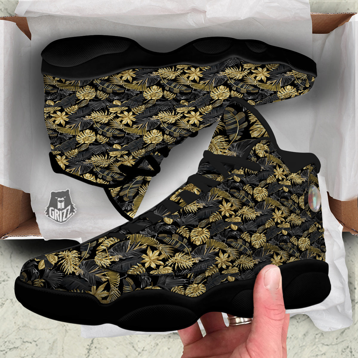 Tropical Gold And Black Print Pattern Black Basketball Shoes-grizzshop