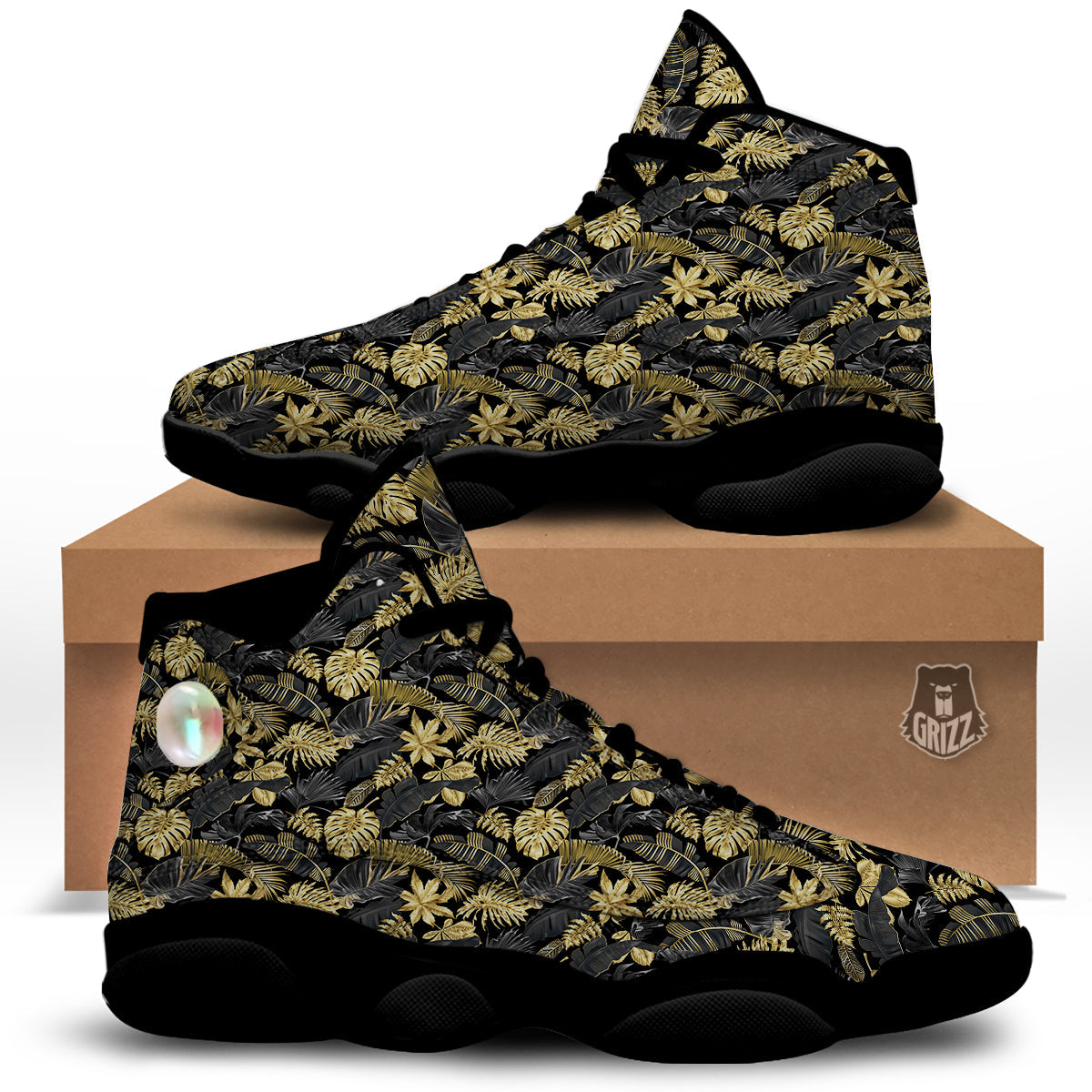 Tropical Gold And Black Print Pattern Black Basketball Shoes-grizzshop