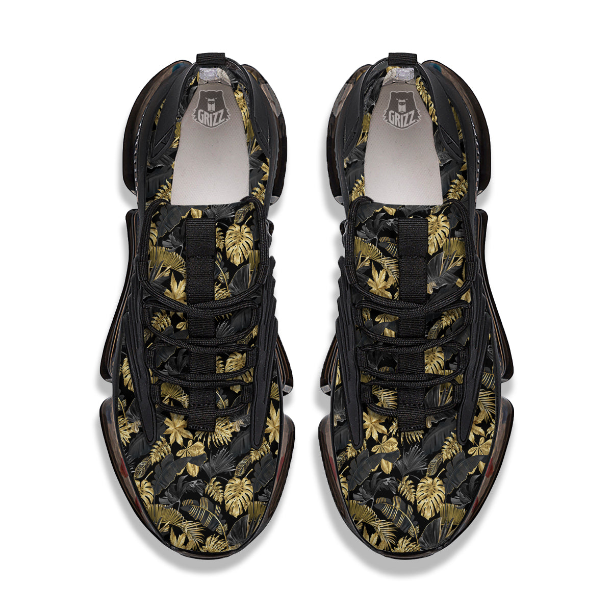 Tropical Gold And Black Print Pattern Black Gym Shoes-grizzshop