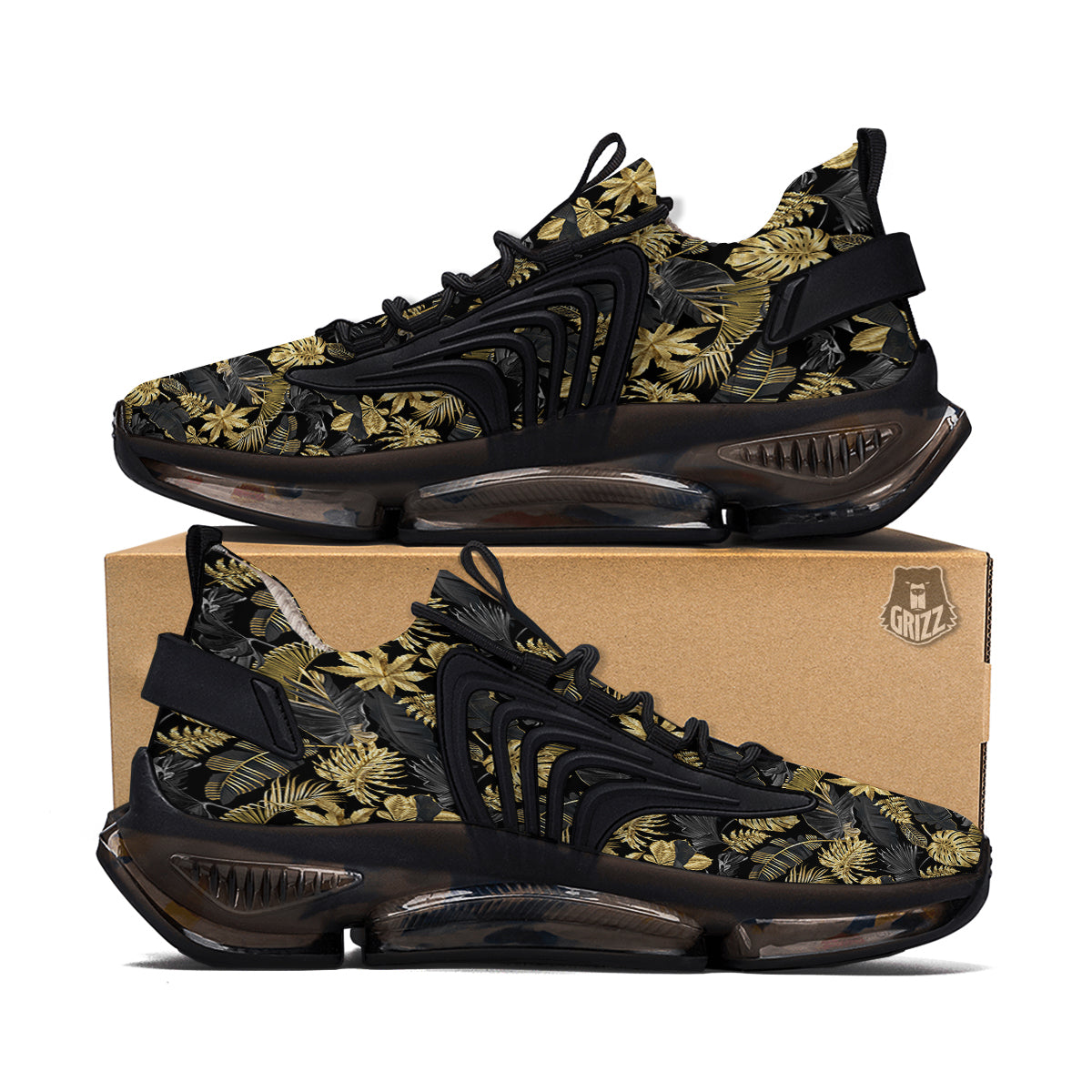 Tropical Gold And Black Print Pattern Black Gym Shoes-grizzshop