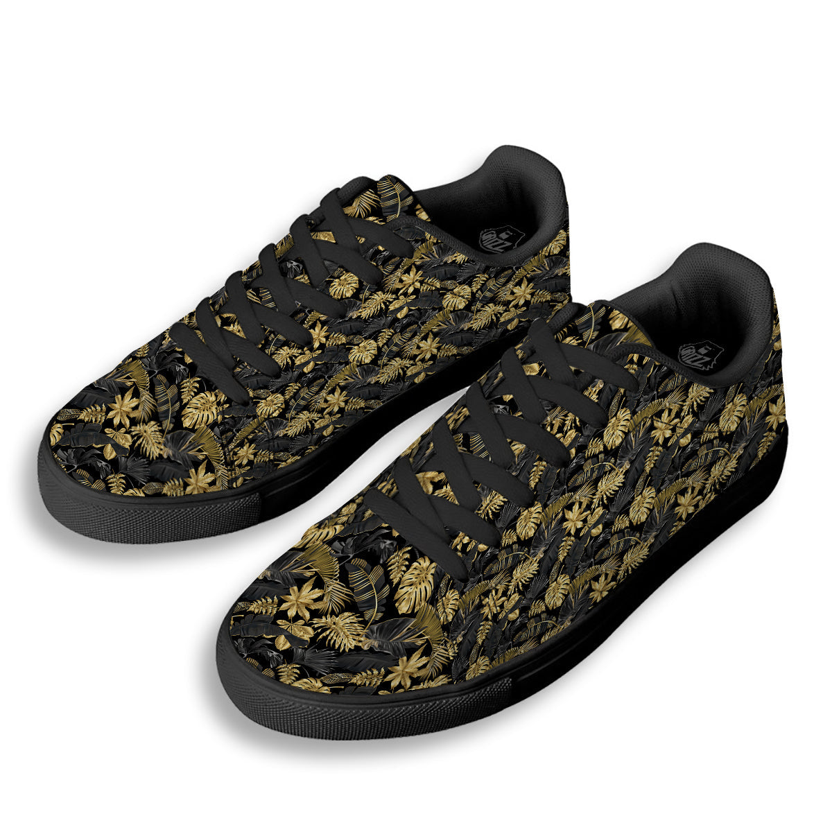 Tropical Gold And Black Print Pattern Black Low Top Sneakers-grizzshop