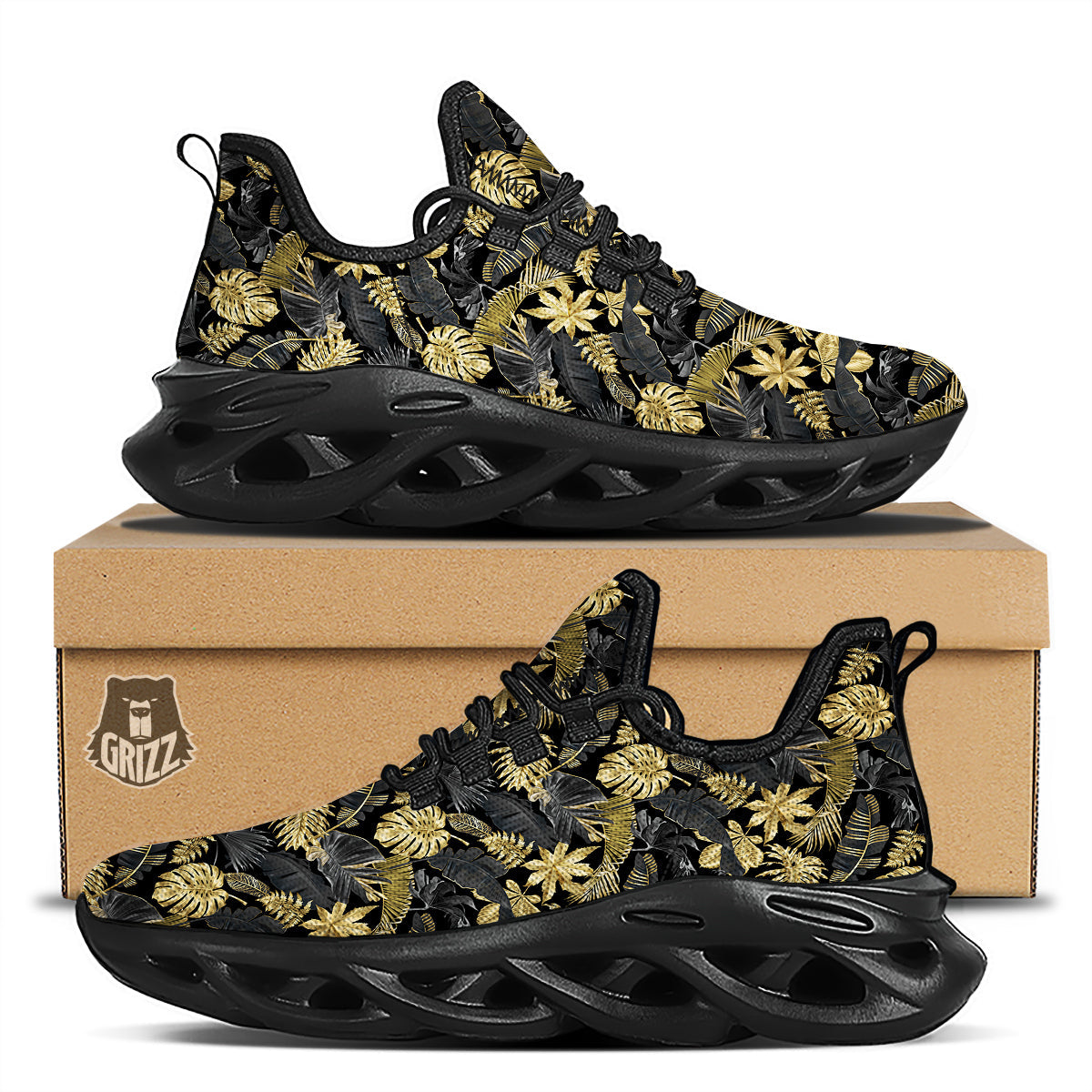 Tropical Gold And Black Print Pattern Black Running Shoes-grizzshop