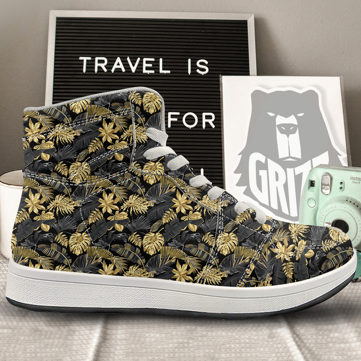 Tropical Gold And Black Print Pattern High Top Sneakers-grizzshop