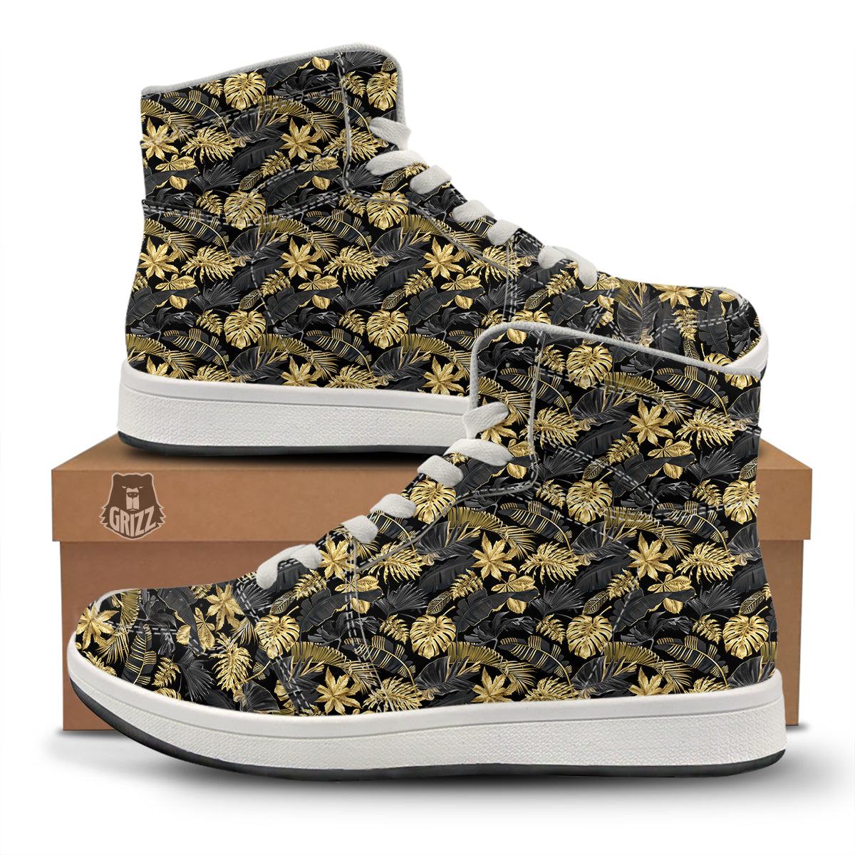 Tropical Gold And Black Print Pattern High Top Sneakers-grizzshop