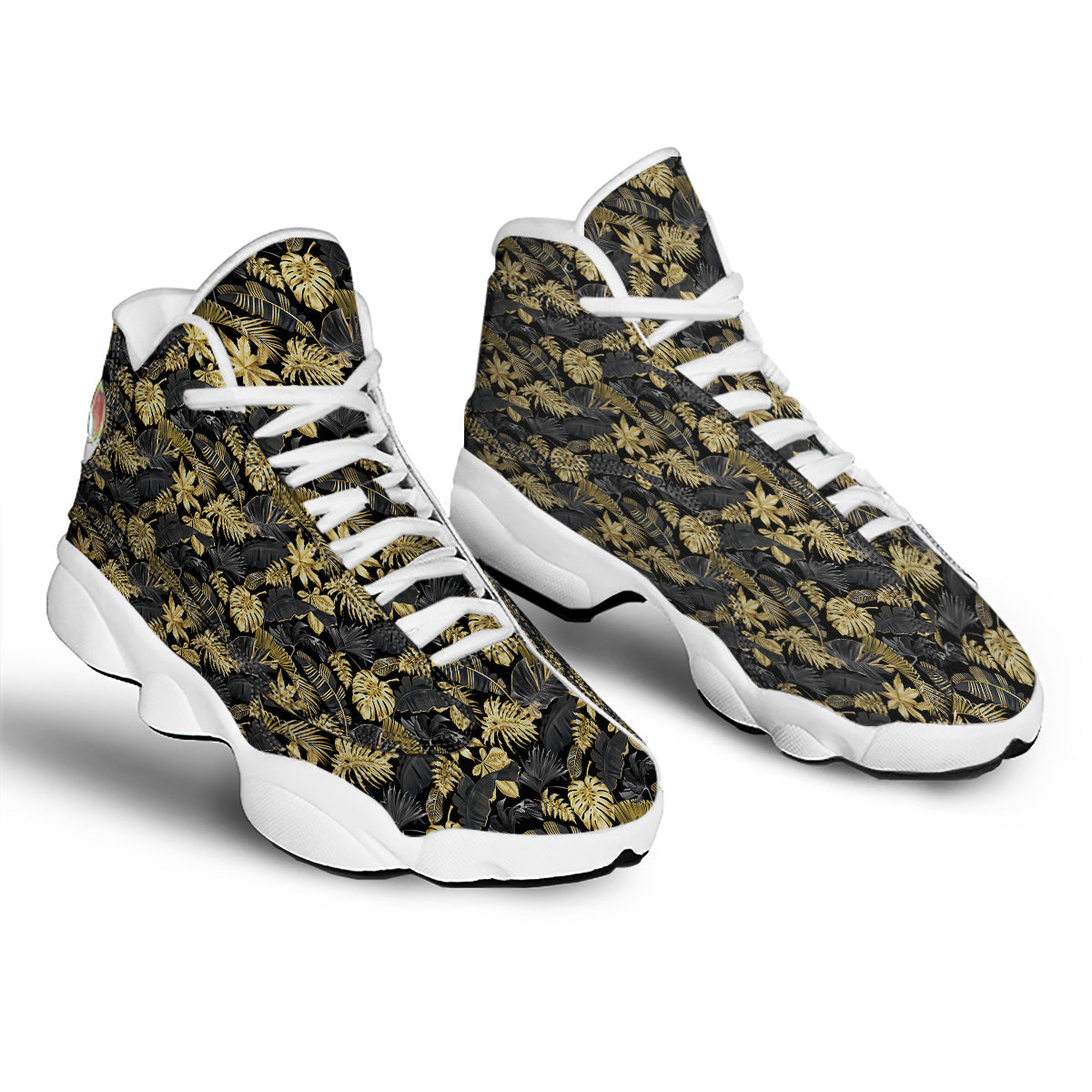 Tropical Gold And Black Print Pattern White Basketball Shoes-grizzshop