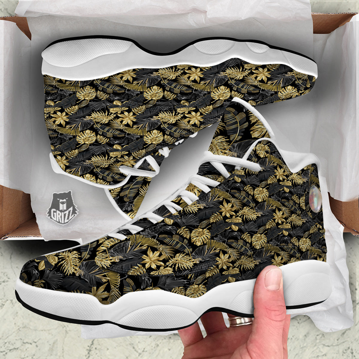 Tropical Gold And Black Print Pattern White Basketball Shoes-grizzshop