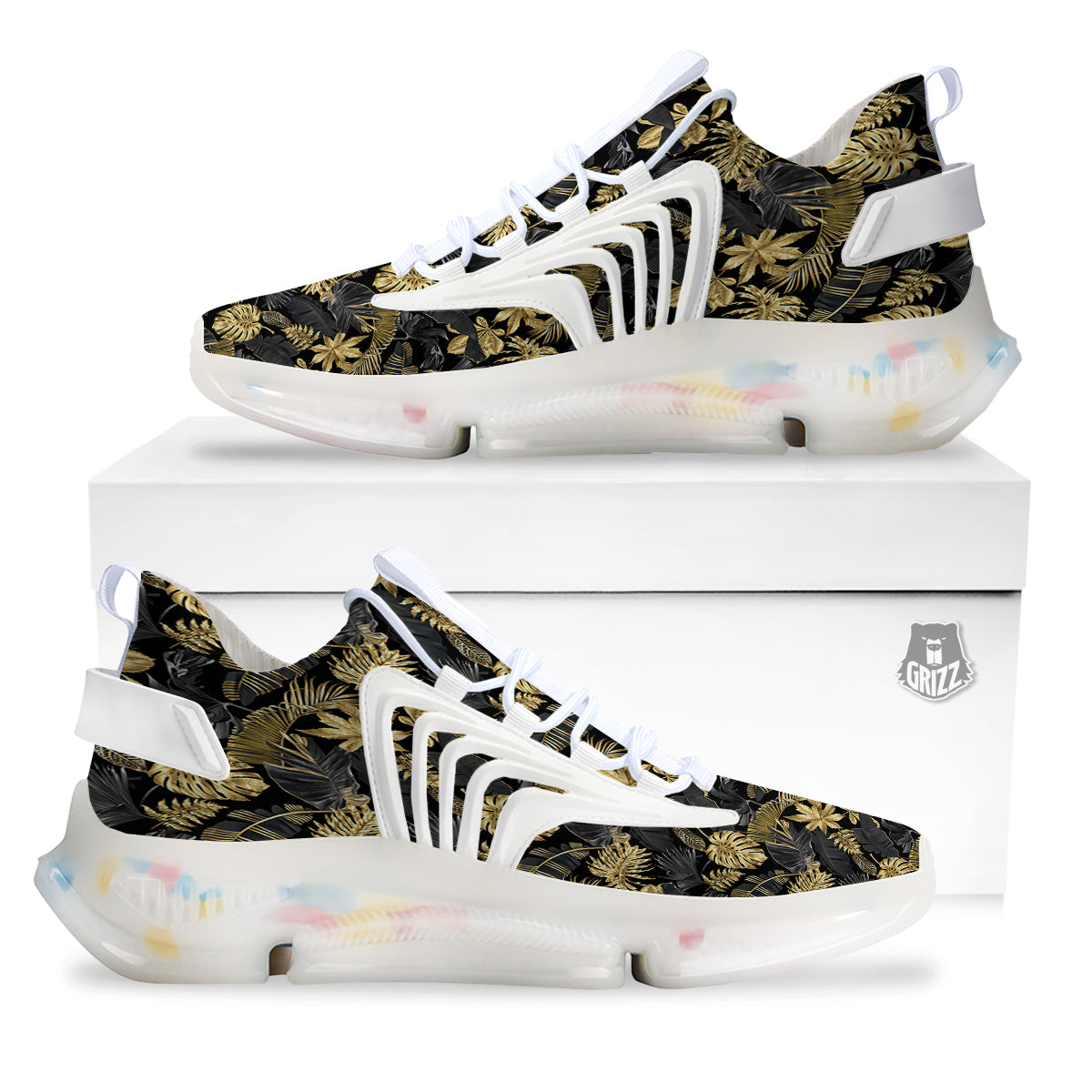 Tropical Gold And Black Print Pattern White Gym Shoes-grizzshop