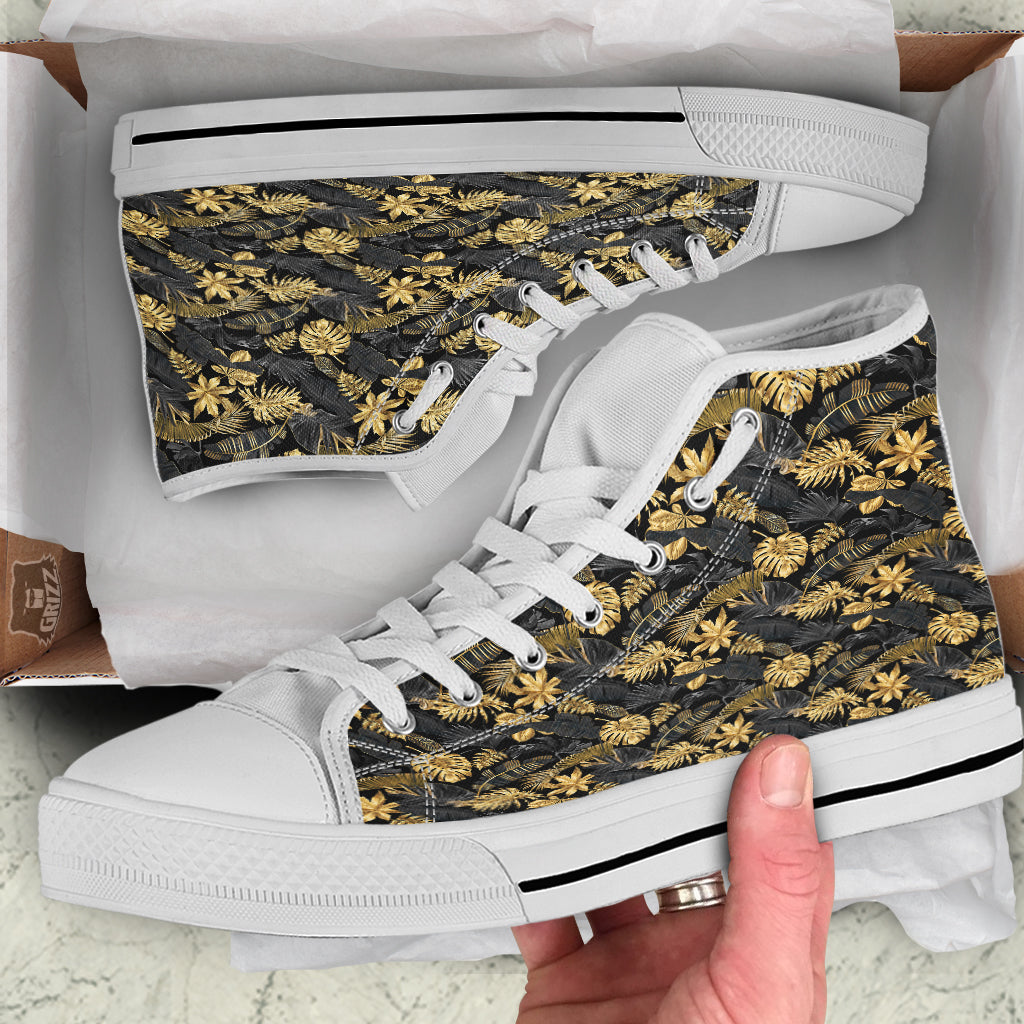 Tropical Gold And Black Print Pattern White High Top Shoes-grizzshop