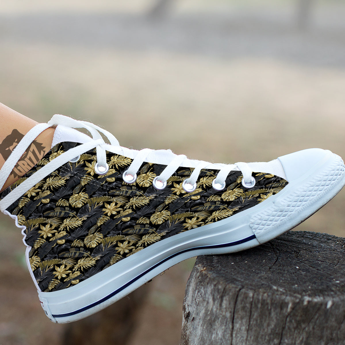 Tropical Gold And Black Print Pattern White High Top Shoes-grizzshop