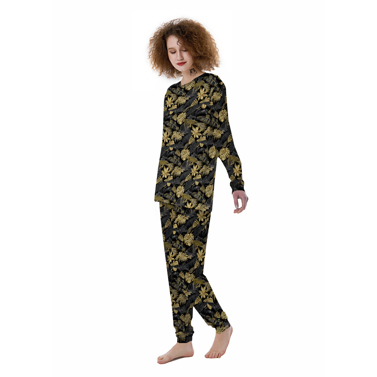 Tropical Gold And Black Print Pattern Women's Pajamas-grizzshop