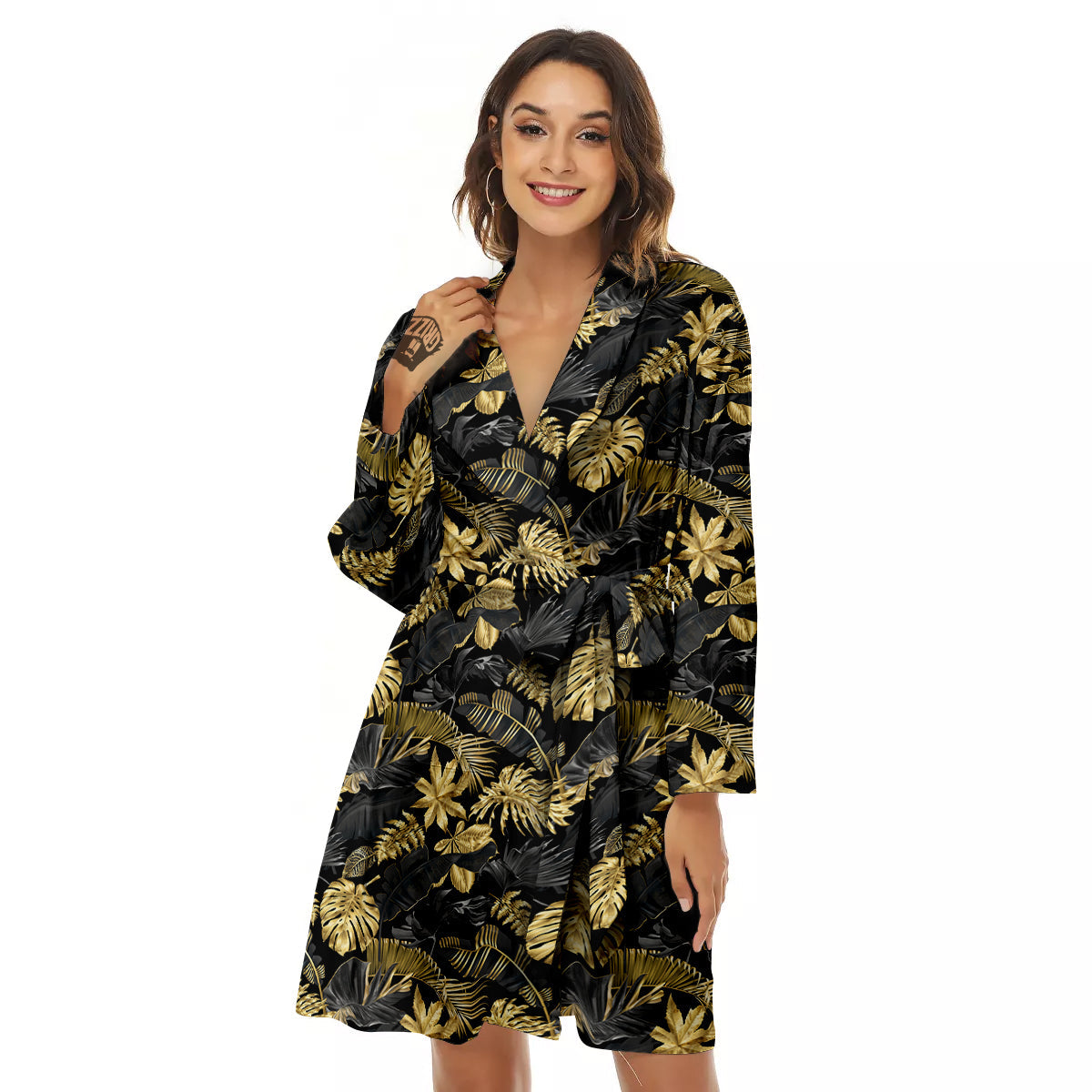 Tropical Gold And Black Print Pattern Women's Robe-grizzshop