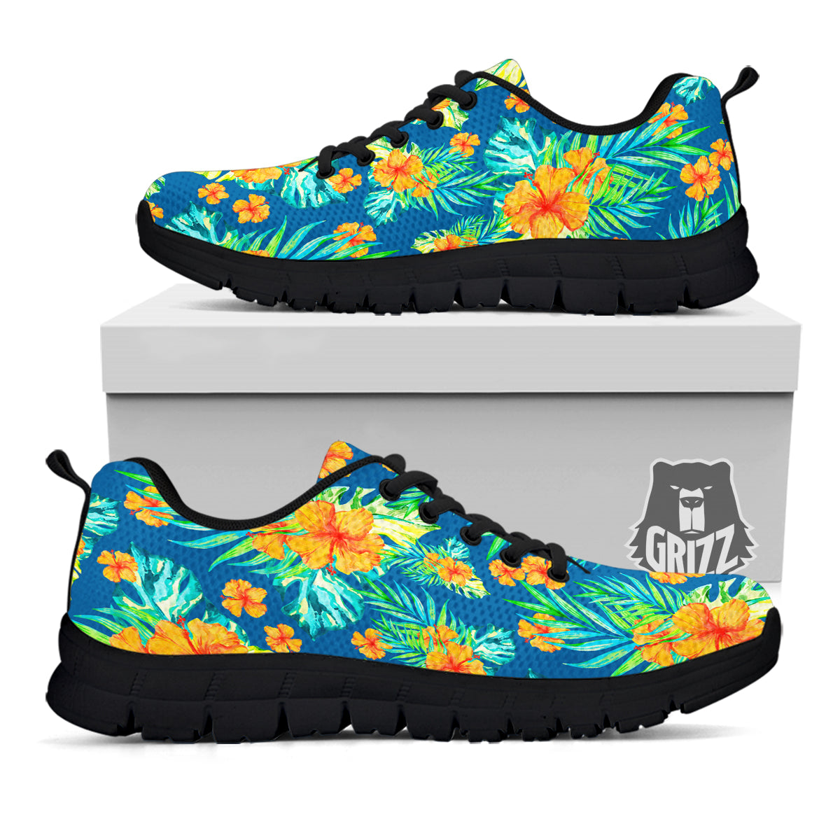 Tropical Hawaiian Blue Orange Print Pattern Black Sneaker-grizzshop