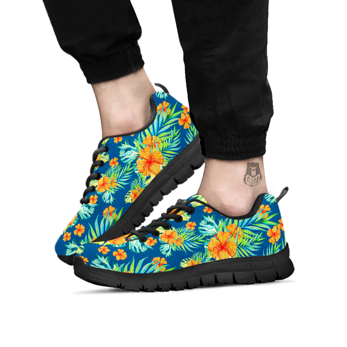 Tropical Hawaiian Blue Orange Print Pattern Black Sneaker-grizzshop