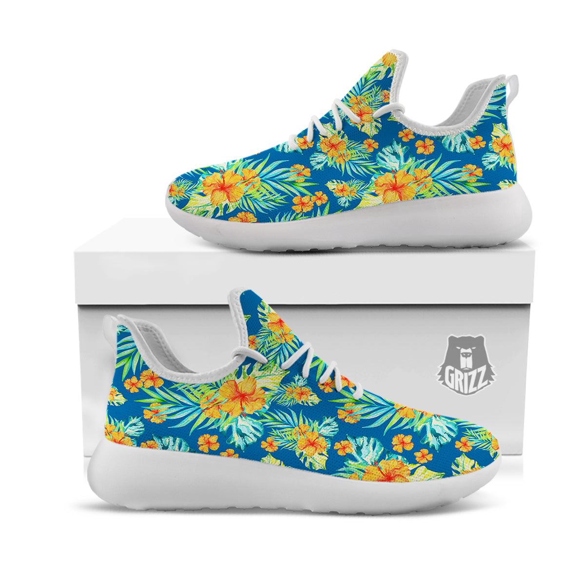 Tropical Hawaiian Blue Orange Print Pattern White Athletic Shoes-grizzshop