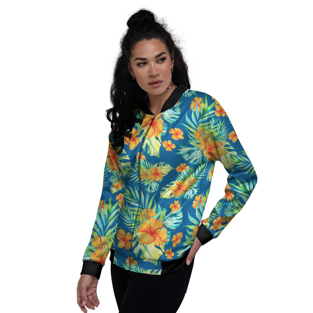 Tropical Hawaiian Blue Orange Print Pattern Women's Bomber Jacket-grizzshop