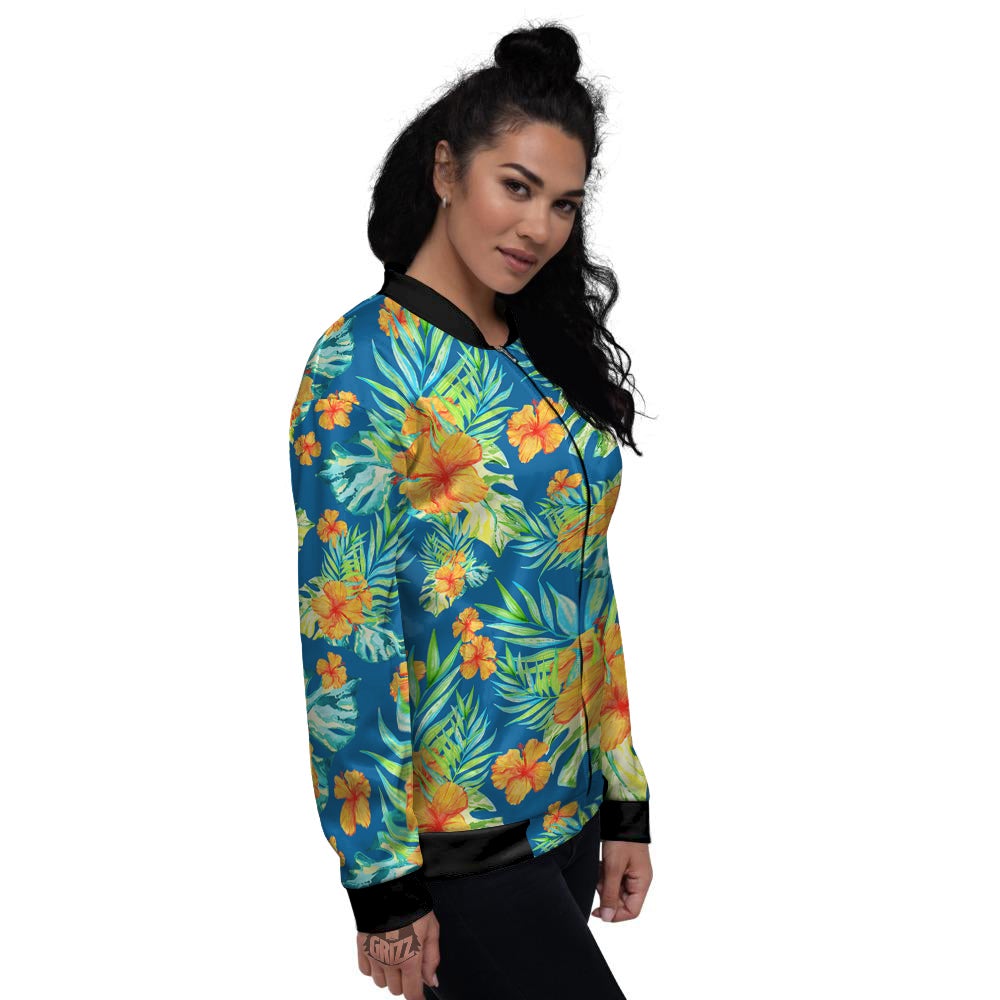 Tropical Hawaiian Blue Orange Print Pattern Women's Bomber Jacket-grizzshop