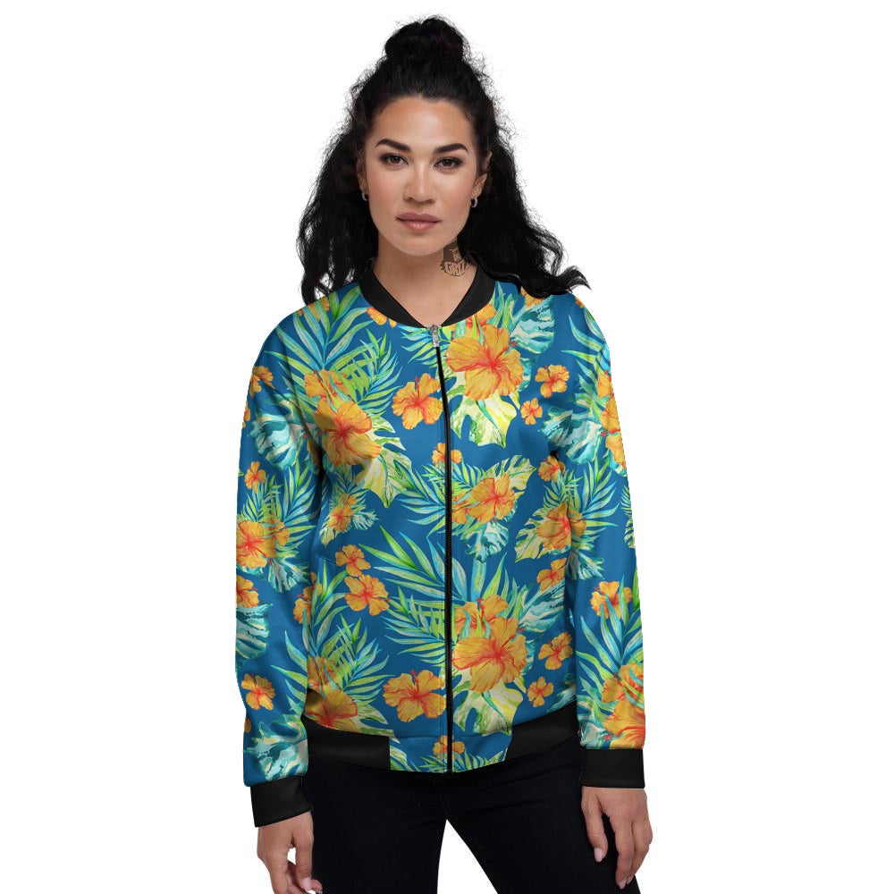 Tropical Hawaiian Blue Orange Print Pattern Women's Bomber Jacket-grizzshop