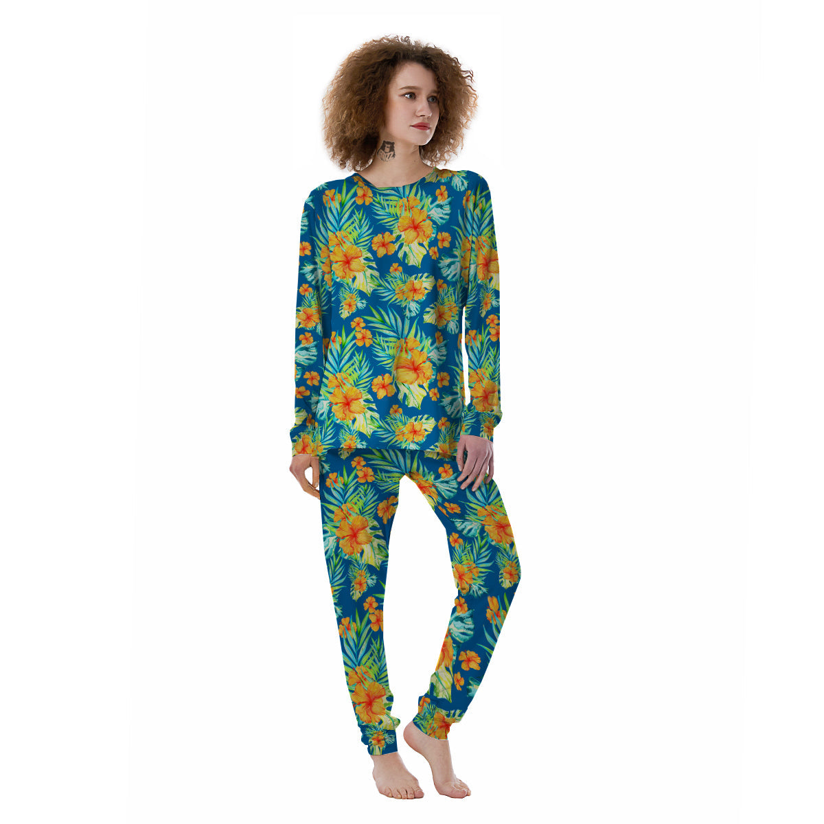 Tropical Hawaiian Blue Orange Print Pattern Women's Pajamas-grizzshop