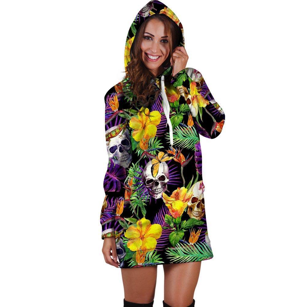 Tropical Hawaiian Skull Hoodie Dress-grizzshop