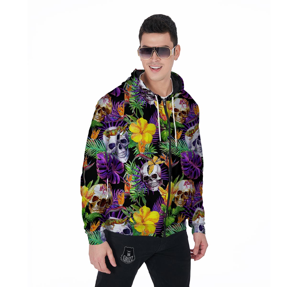 Tropical Hawaiian Skull Men's Zip Up Hoodie-grizzshop