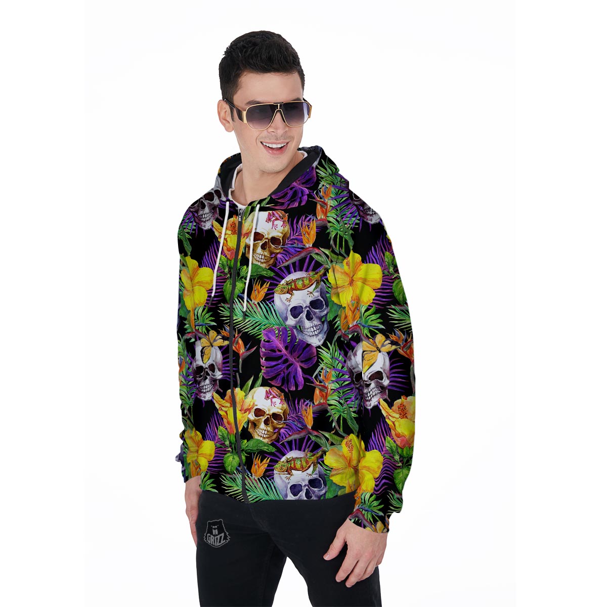 Tropical Hawaiian Skull Men's Zip Up Hoodie-grizzshop