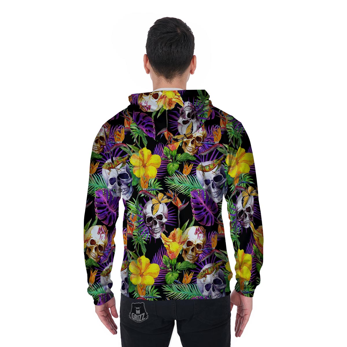 Tropical Hawaiian Skull Men's Zip Up Hoodie-grizzshop