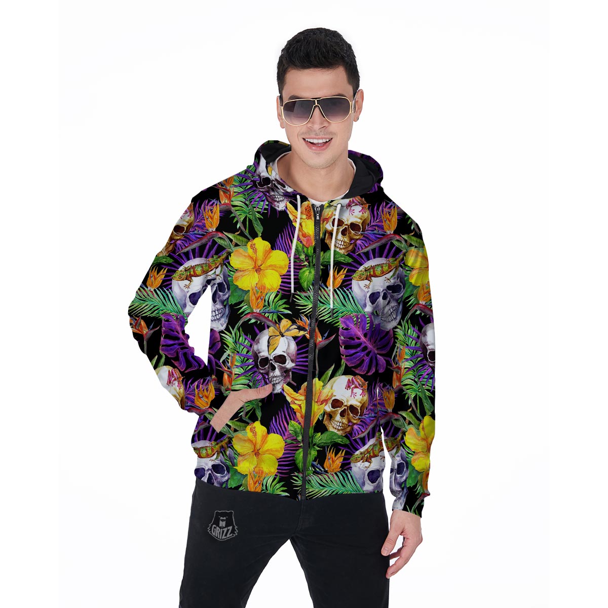 Tropical Hawaiian Skull Men's Zip Up Hoodie-grizzshop