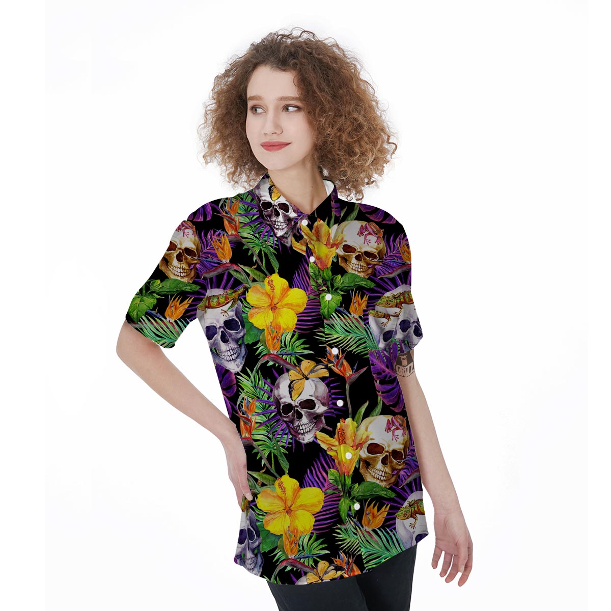 Tropical Hawaiian Skull Women's Short Sleeve Shirts-grizzshop