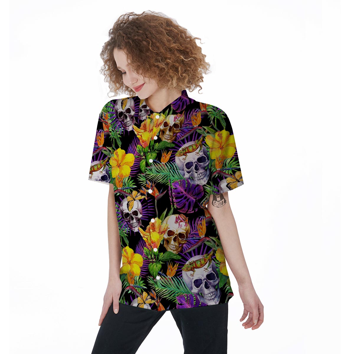 Tropical Hawaiian Skull Women's Short Sleeve Shirts-grizzshop