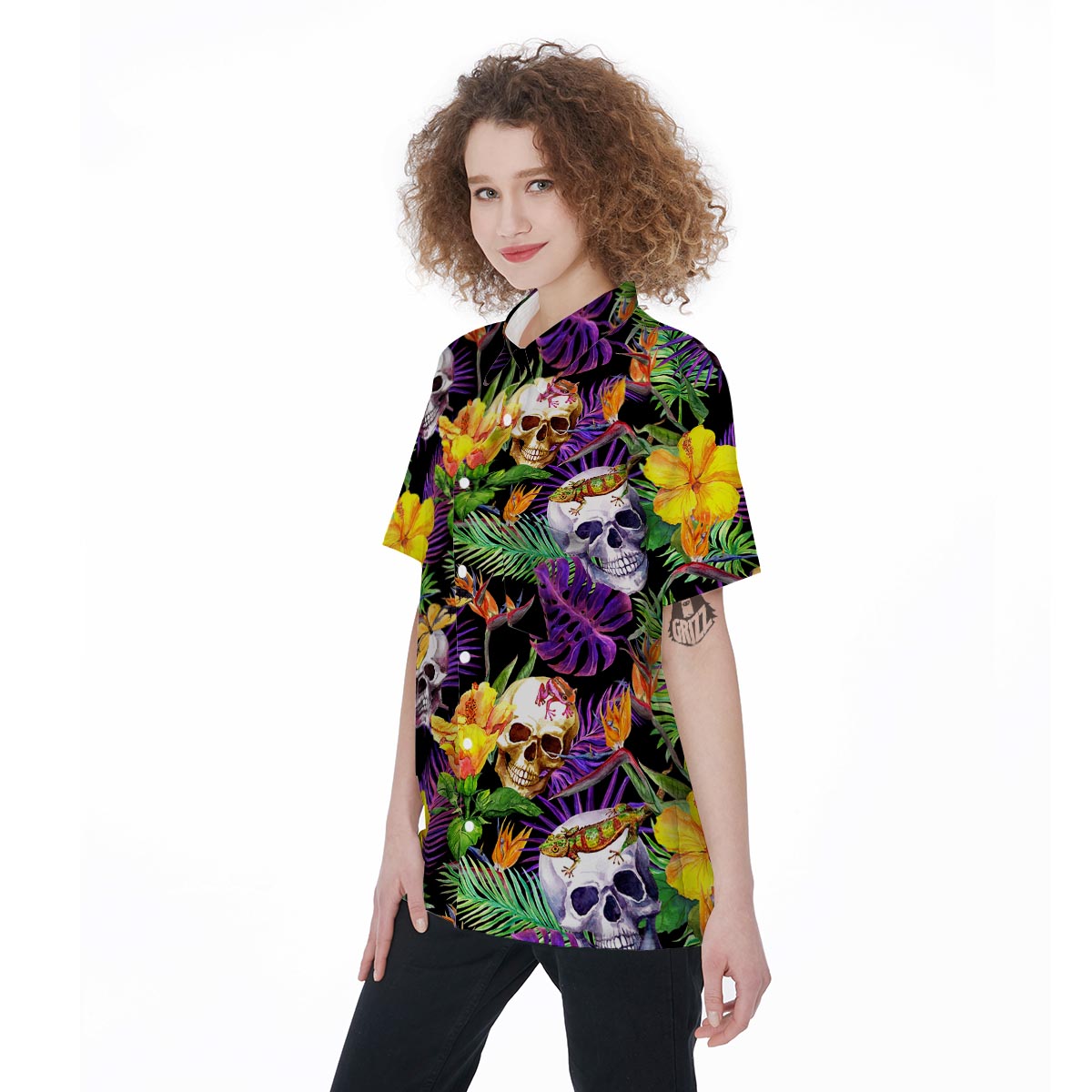 Tropical Hawaiian Skull Women's Short Sleeve Shirts-grizzshop