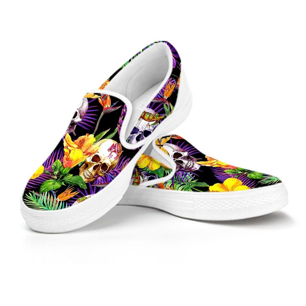 Tropical Hawaiian Skull Women's Slip On Sneakers-grizzshop