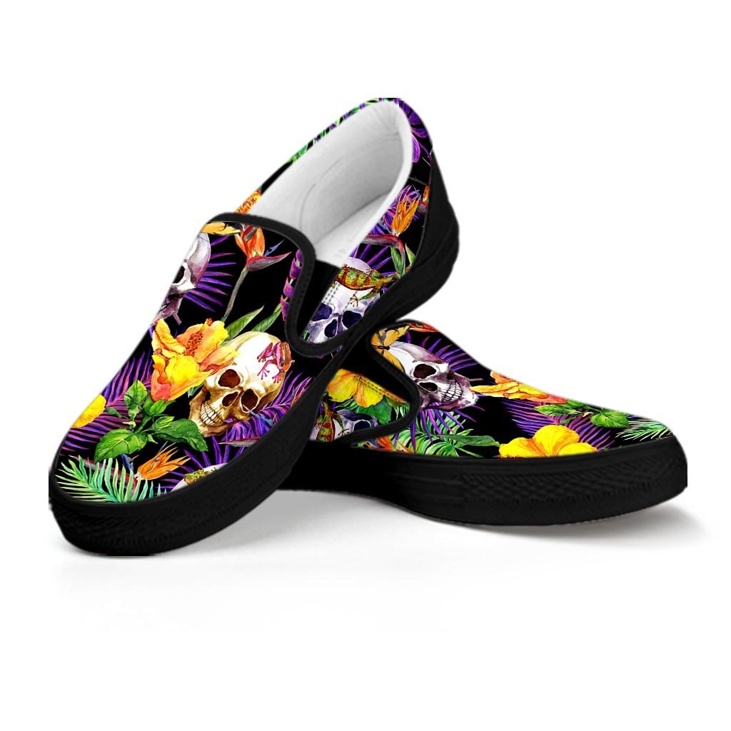 Tropical Hawaiian Skull Women's Slip On Sneakers-grizzshop