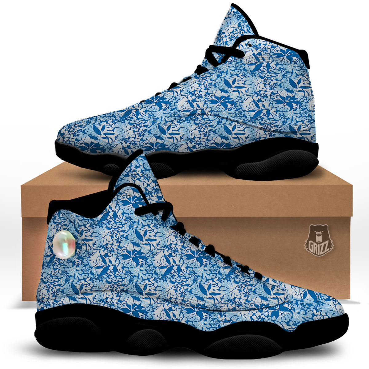 Tropical Hibiscus Blue Print Pattern Black Basketball Shoes-grizzshop