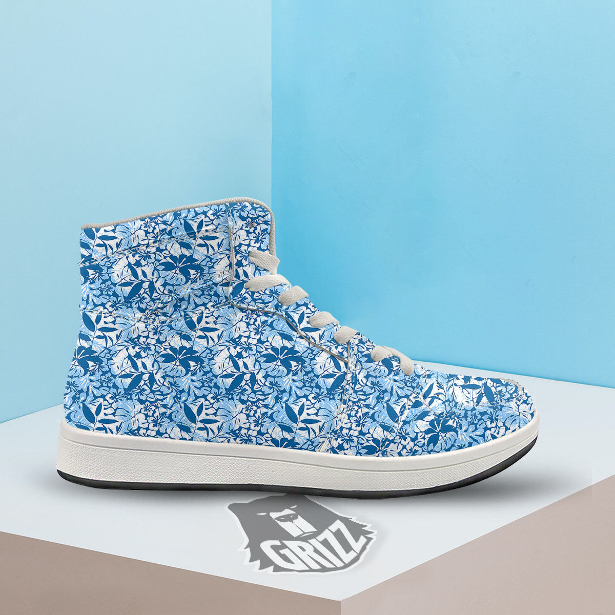Tropical Hibiscus Blue Print Pattern High Top Sneakers-grizzshop