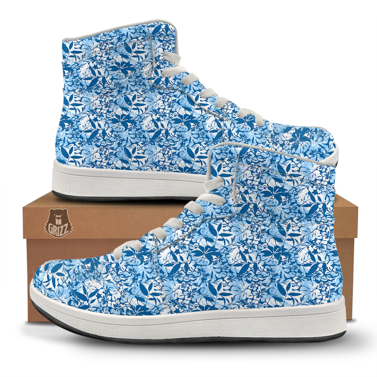 Tropical Hibiscus Blue Print Pattern High Top Sneakers-grizzshop