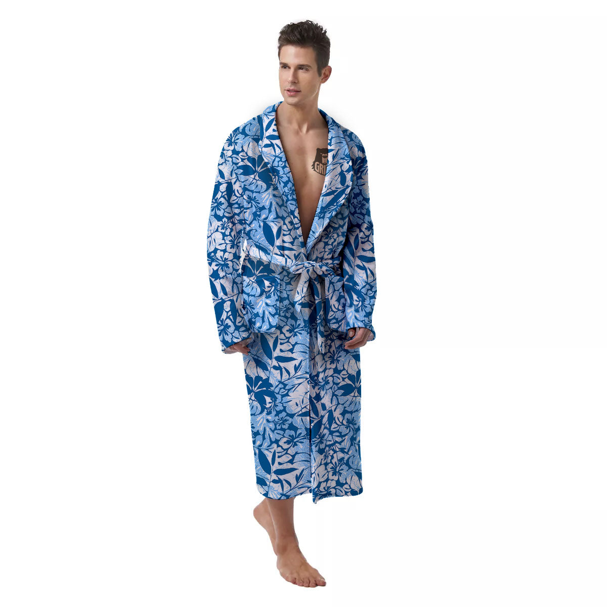Tropical Hibiscus Blue Print Pattern Men's Robe-grizzshop