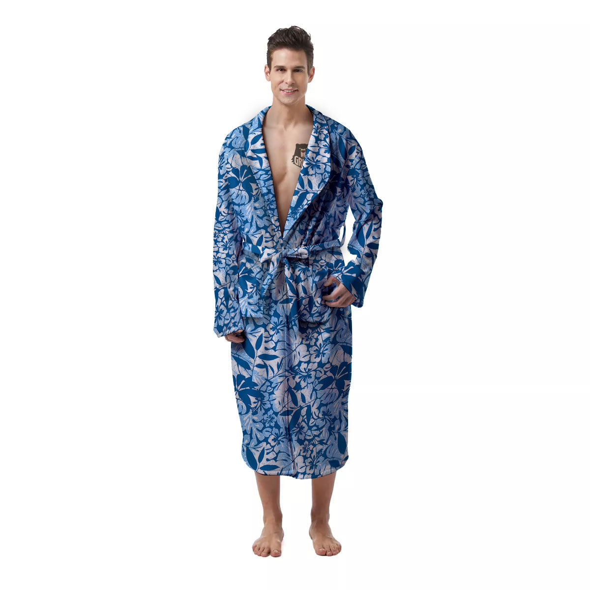 Tropical Hibiscus Blue Print Pattern Men's Robe-grizzshop