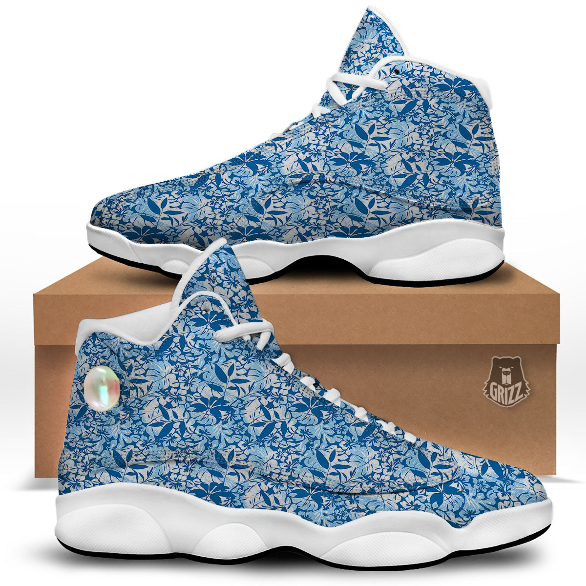 Tropical Hibiscus Blue Print Pattern White Basketball Shoes-grizzshop