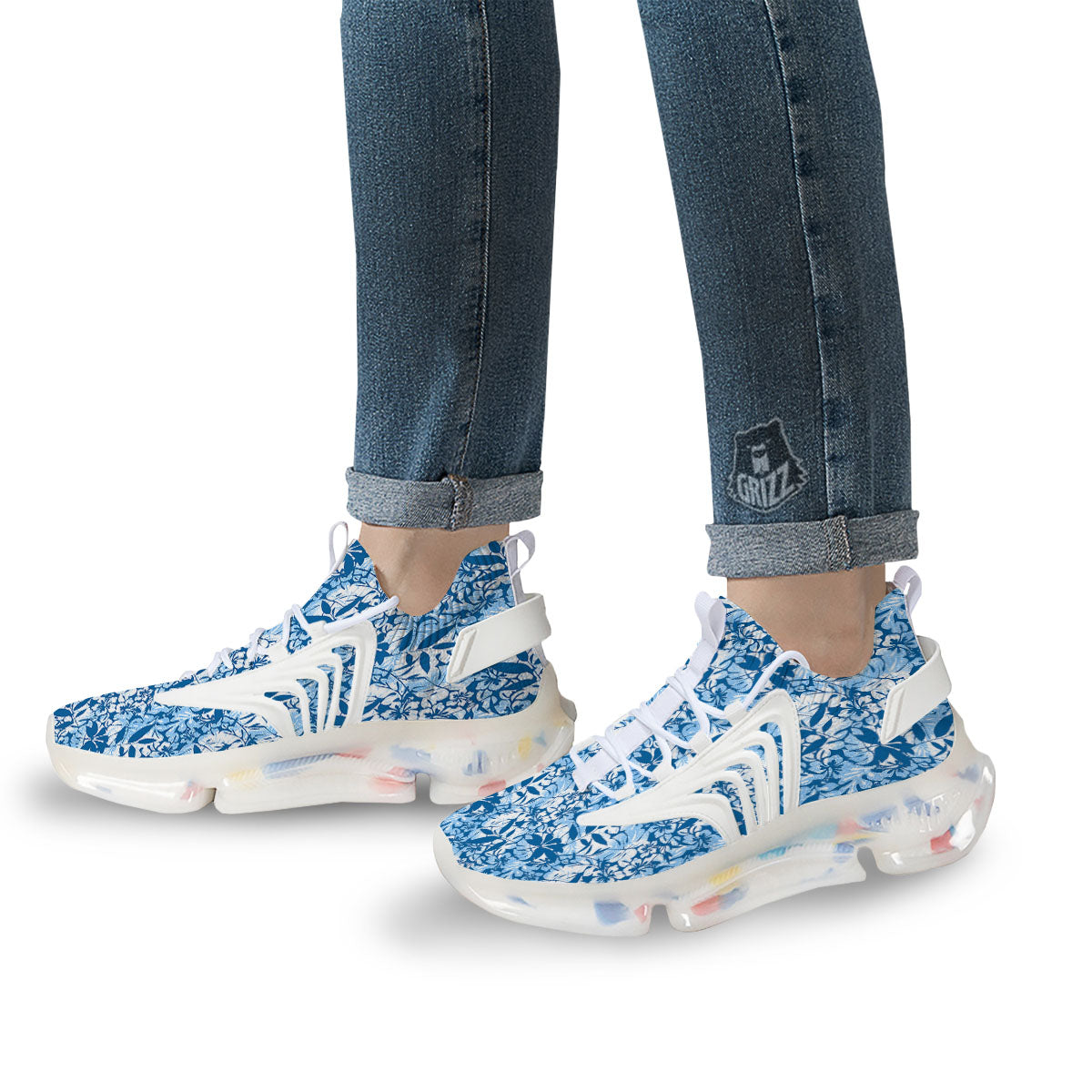 Tropical Hibiscus Blue Print Pattern White Gym Shoes-grizzshop