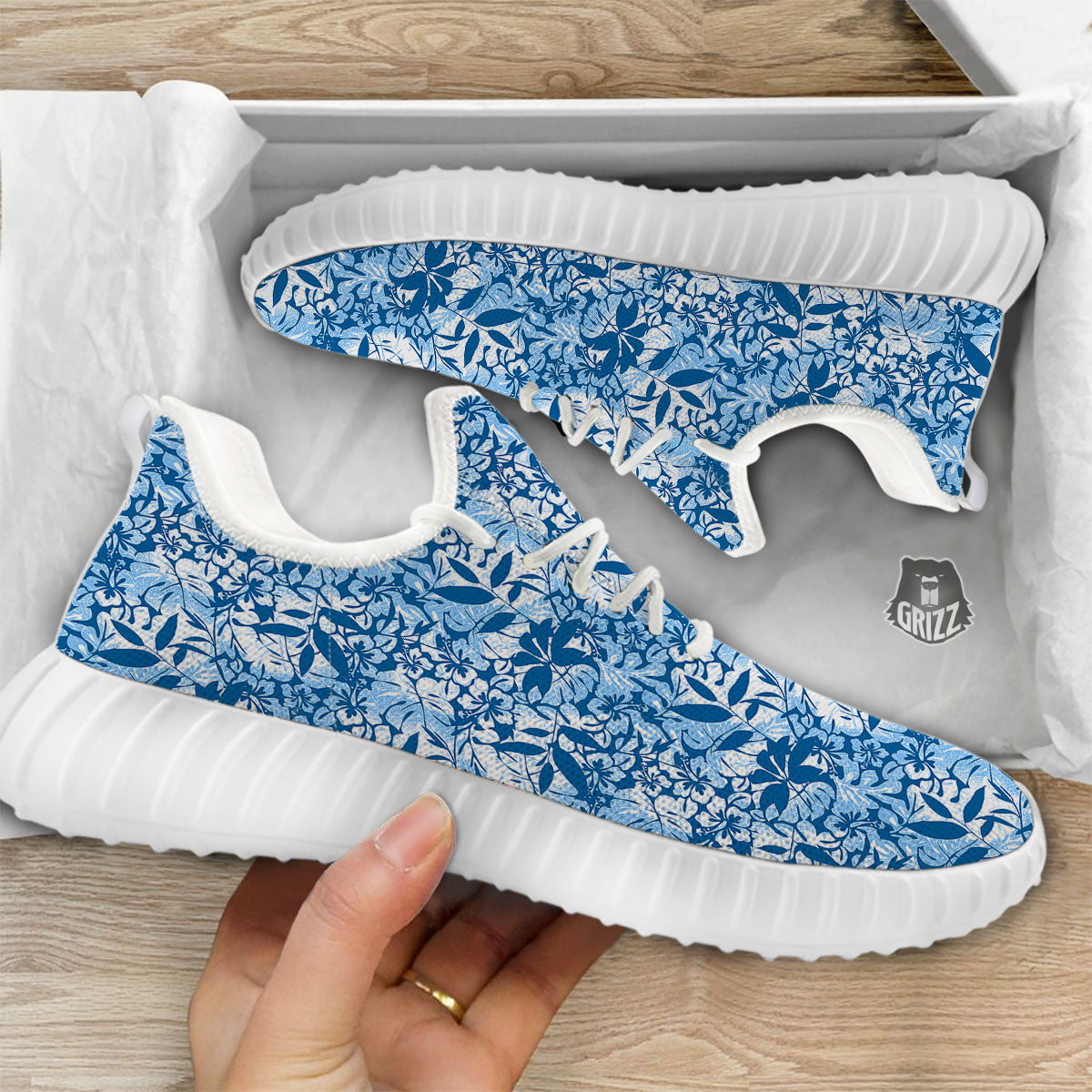 Tropical Hibiscus Blue Print Pattern White Walking Shoes-grizzshop
