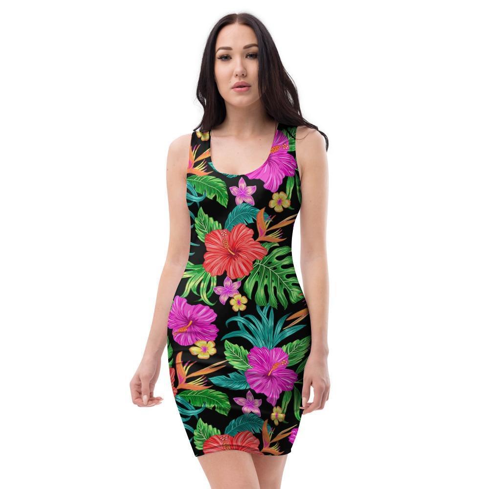 Tropical Hibiscus Floral Hawaiian Print Bodycon Dress-grizzshop