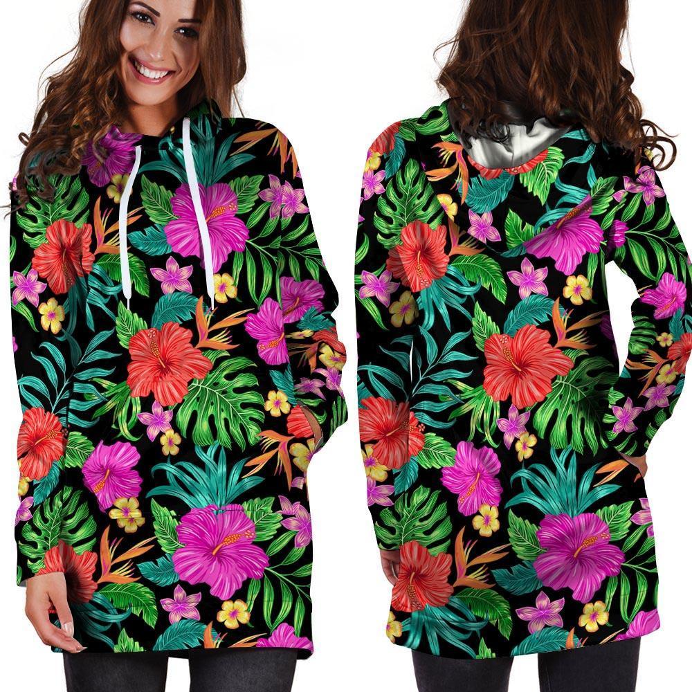 Tropical Hibiscus Floral Hawaiian Print Hoodie Dress-grizzshop